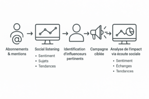 Schéma du processus de social listening appliqué à l'influence : de l’identification des mentions jusqu’à l’analyse de l’impact