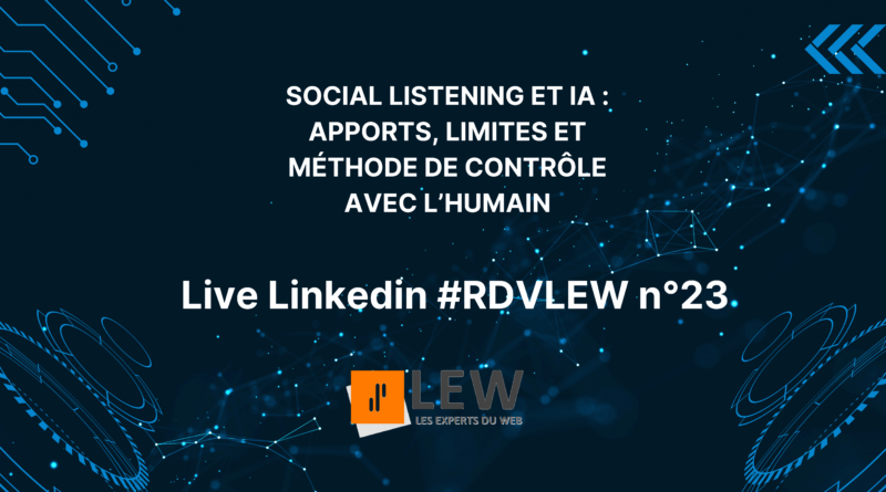 Visuel de l'article « Social listening et IA : apports, limites et méthode de contrôle avec l'humain », live LinkedIn #RDVLEW n°23 de LEW